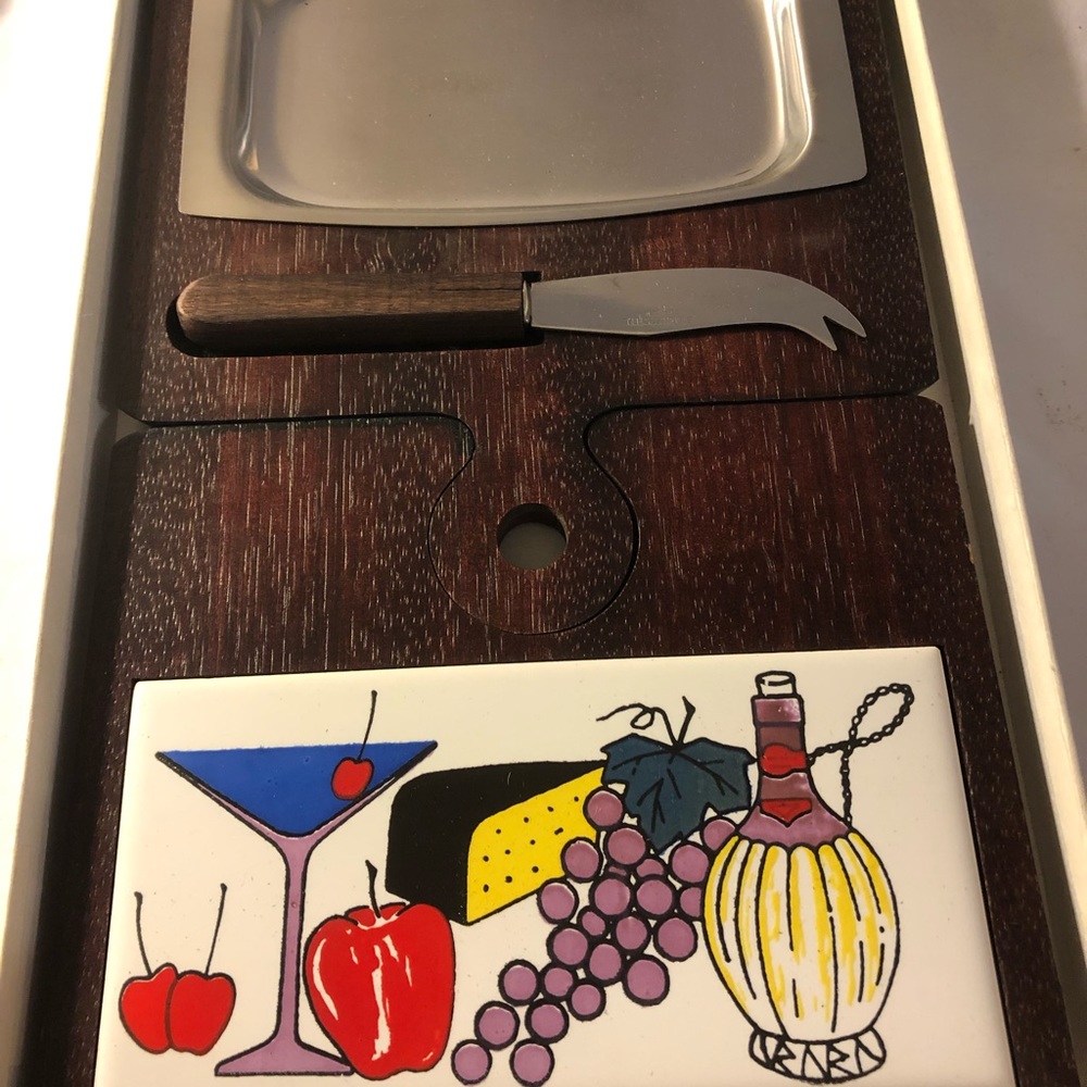 Retro cheese platter charcuterie wood with stainless steel 1960/1970